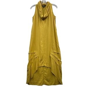 For Cynthia Mustard Indie Linen Cowl Neck Midi Dress Draped Hem Lagenlook S